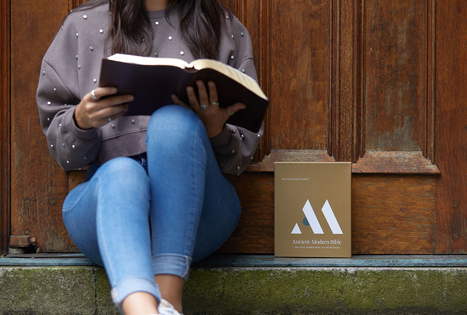 Woman reading Ancient Modern Bible